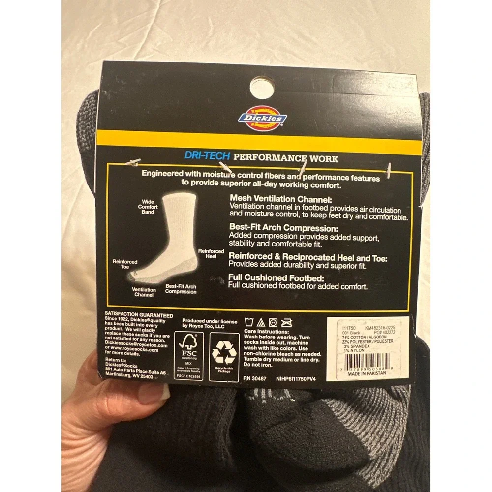 Dickies Dri-Tech Crew Performance Work Socks 6 Pair Pack Black Gray Mens 6-12